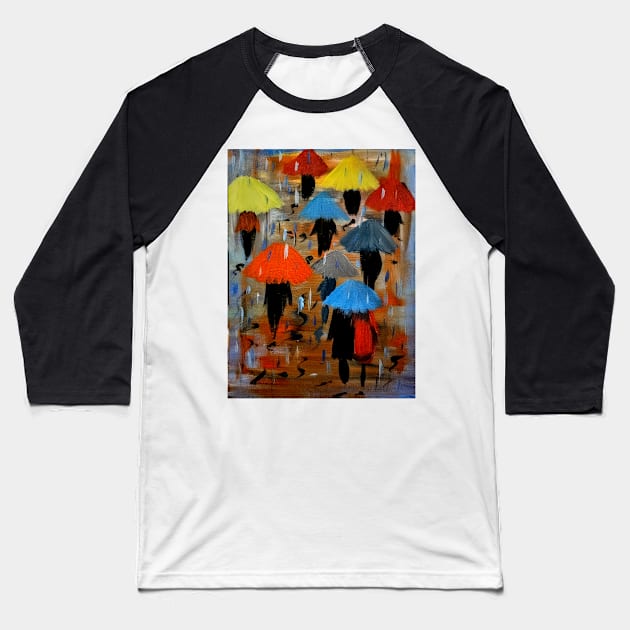 People walking down the high street and getting pissed on by the rain . Baseball T-Shirt by kkartwork